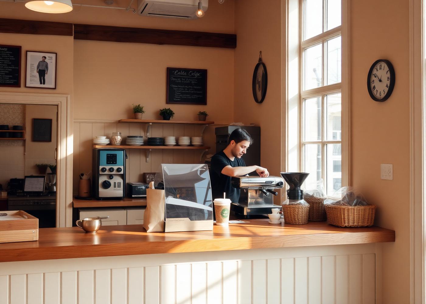 Warm interior of Blissful Brew Coffee Co with barista behind the counter